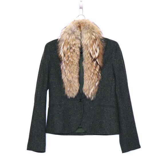 THEORY Tweed Blazer Olive Green Removable Rabbit Fur Collar Jacket Women's 8 - Picture 1 of 16